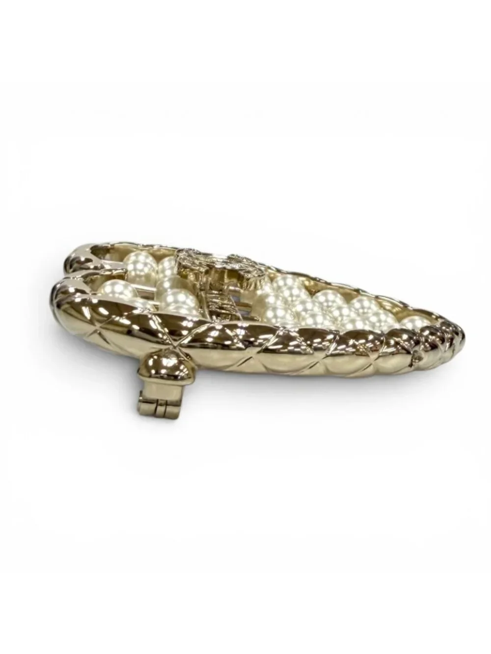Chanel CC Logo Quilted Heart Brooch Gold White